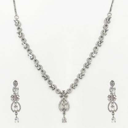 Brilliant American Diamond Silver-Tone V-Drop Necklace Set with Matching Dangle Earrings