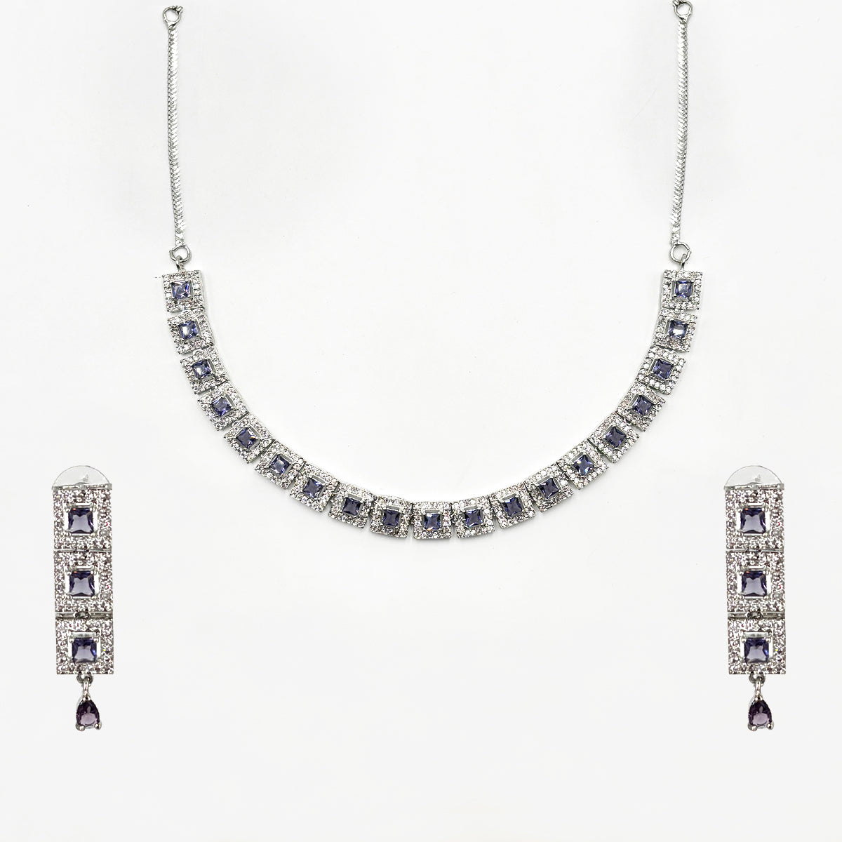 Exquisite Silver-Tone Zircon and Amethyst Purple Square Collar Necklace Set with Earrings