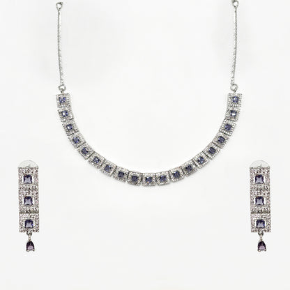 Exquisite Silver-Tone Zircon and Amethyst Purple Square Collar Necklace Set with Earrings