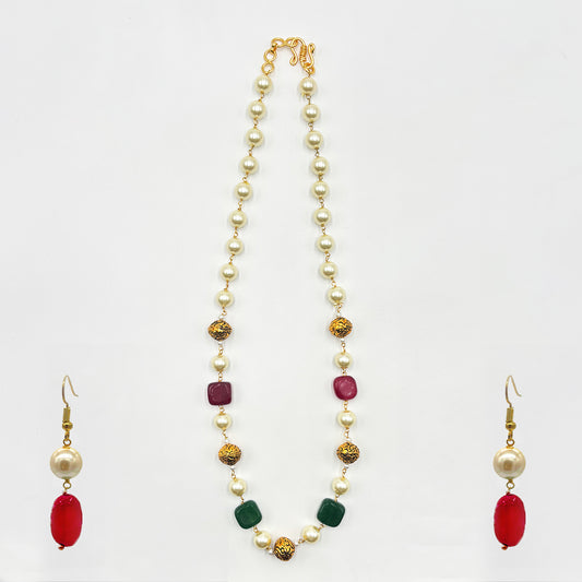 Elegant Handcrafted Pearl Beaded Necklace Set with Colorful Gemstone Drops and Earrings