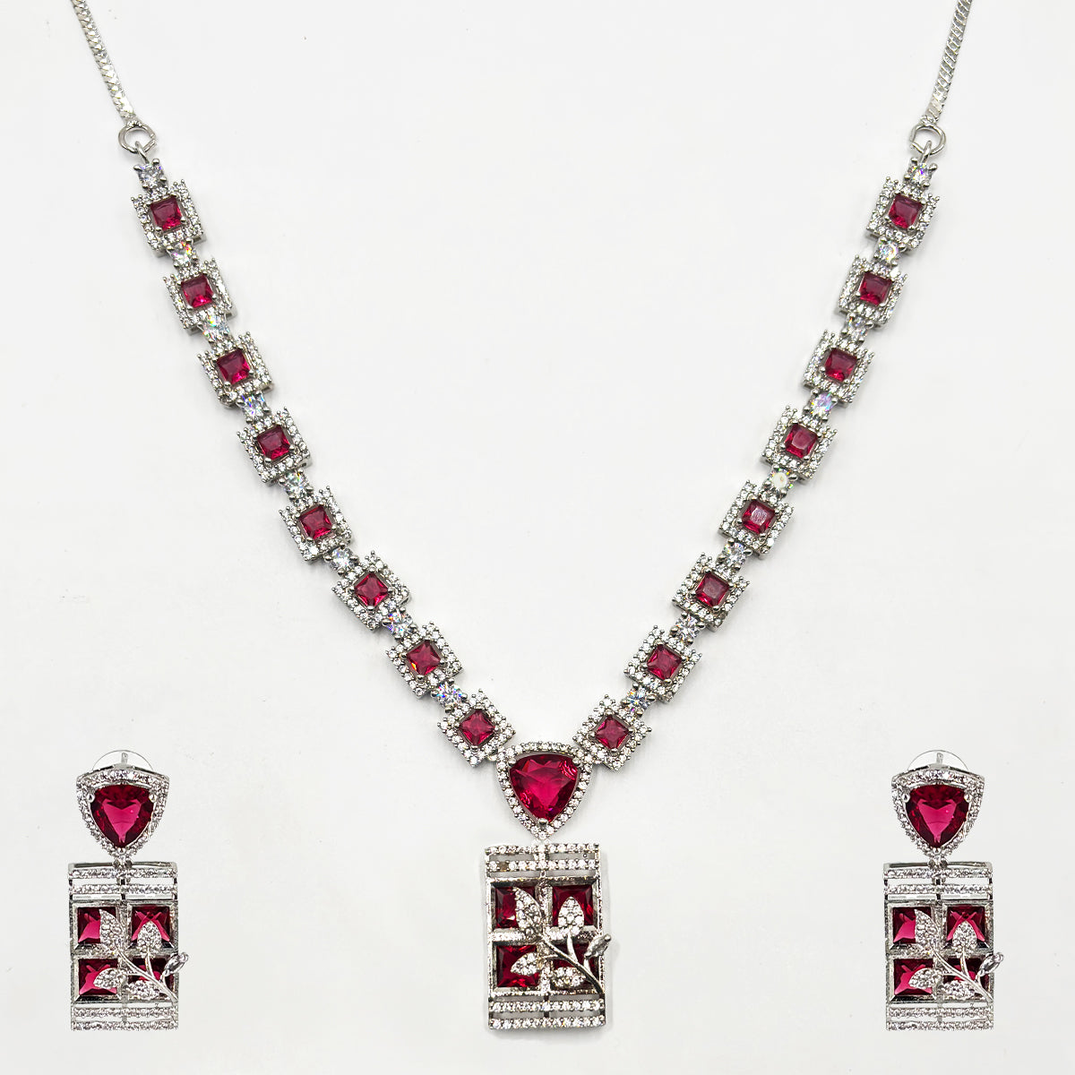 Regal Ruby Red American Diamond V-Necklace Set with Intricate Floral Rectangle Pendants