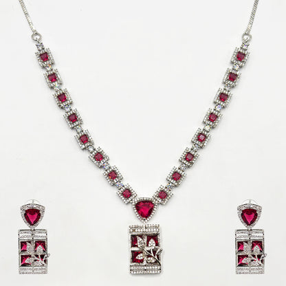 Regal Ruby Red American Diamond V-Necklace Set with Intricate Floral Rectangle Pendants