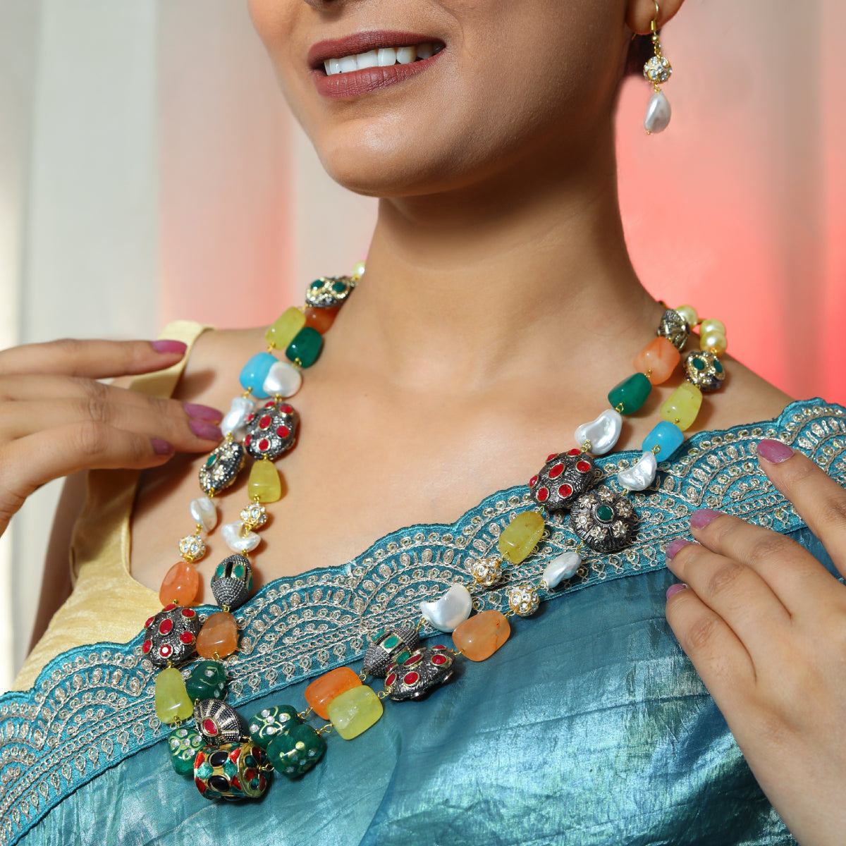 Luxurious Handcrafted Multi-Layer Gemstone and Pearl Long Necklace Set with Earrings