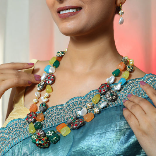 Luxurious Handcrafted Multi-Layer Gemstone and Pearl Long Necklace Set with Earrings