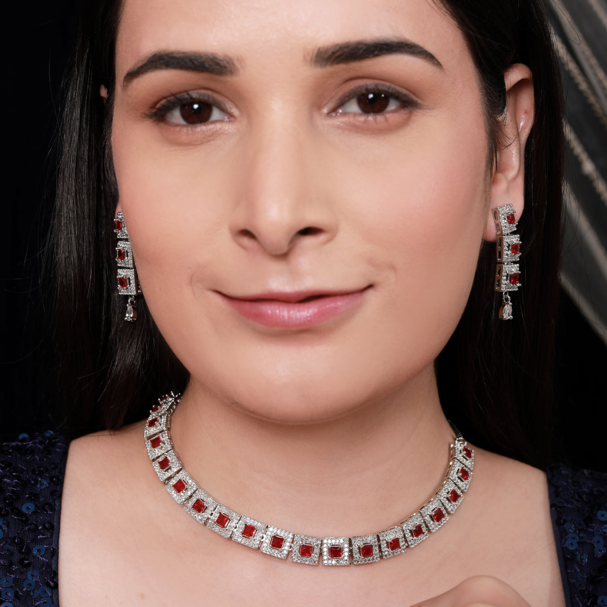 Classic Silver-Tone Square Cut Ruby Red Stone Collar Necklace and Earring Set