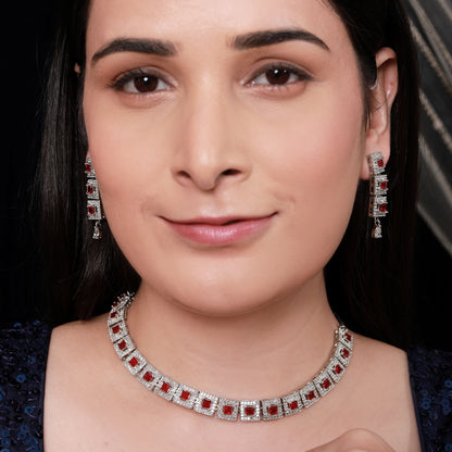Classic Silver-Tone Square Cut Ruby Red Stone Collar Necklace and Earring Set