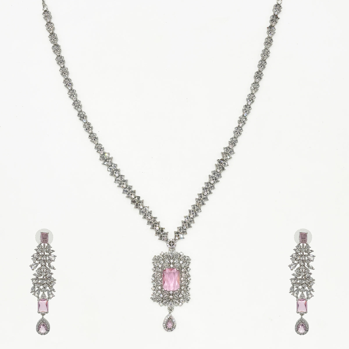 Elegant Silver-Plated Pink Stone Necklace & Earring Set