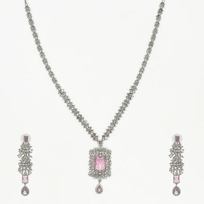 Elegant Silver-Plated Pink Stone Necklace & Earring Set