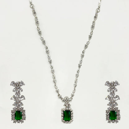 Exquisite Silver-Tone Zircon Necklace with Square-Cut Emerald Green Drop Pendant and Earrings