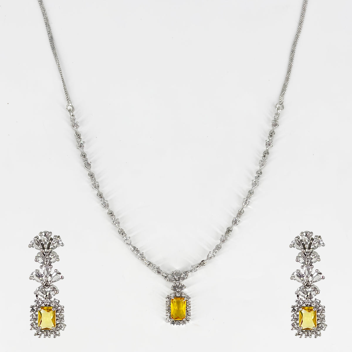 Silver-Plated Yellow Stone Pendant Necklace Set with Earrings
