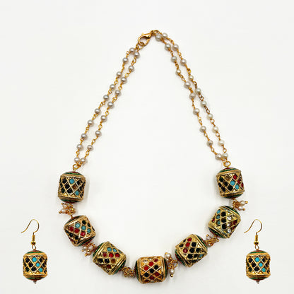 Traditional Meenakari Work Pearl and Enamel Beaded Gold-Tone Necklace Set with Earrings