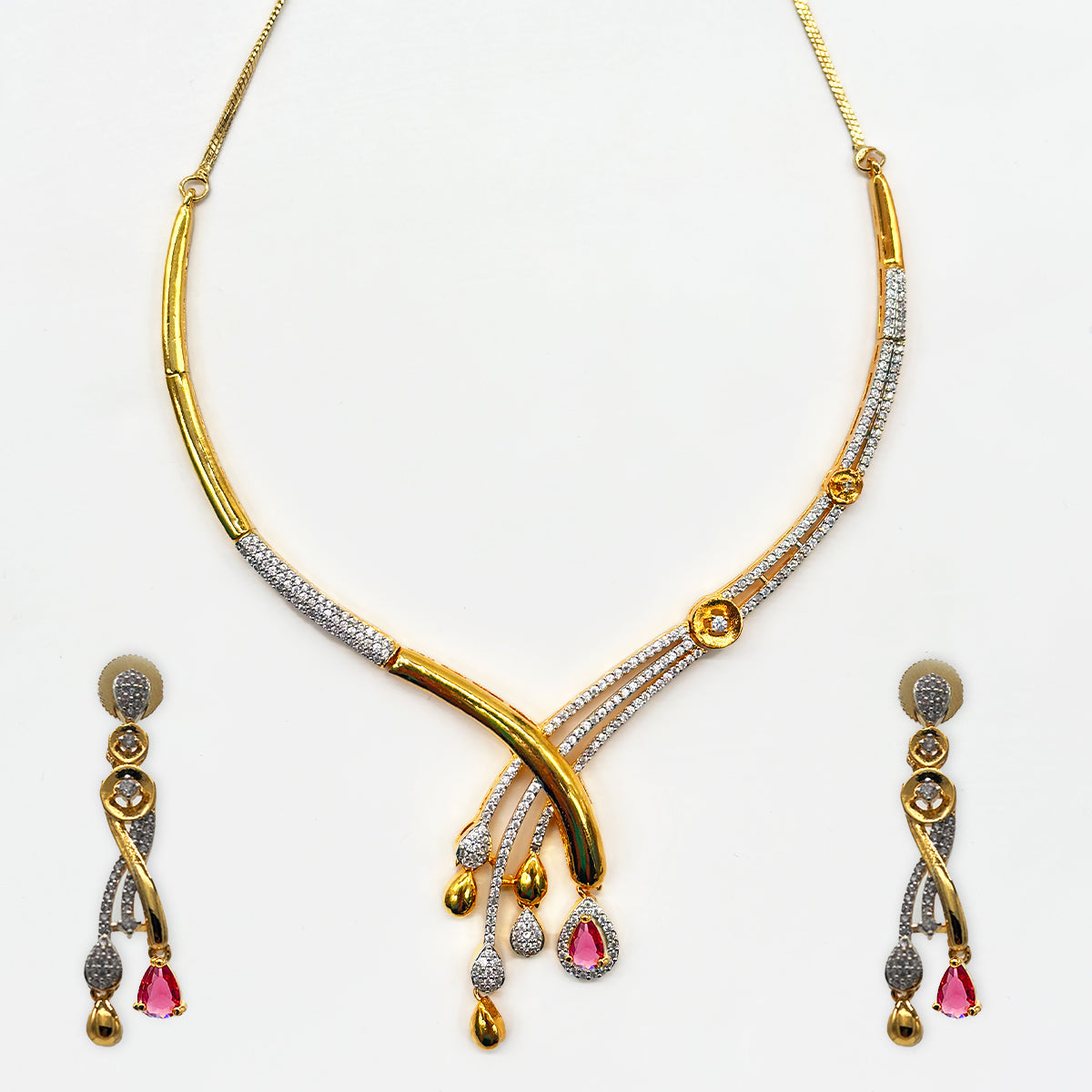 Elegant Gold-Plated Diamond-Cut Necklace Set with Pink Stone Drops