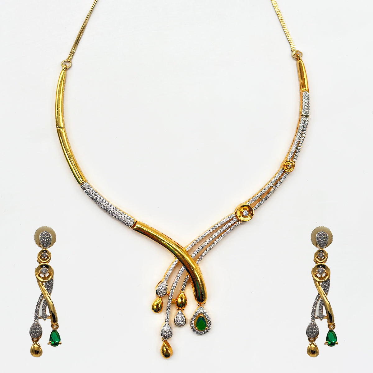 Golden Cascade Diamond and Emerald Necklace & Earring Set