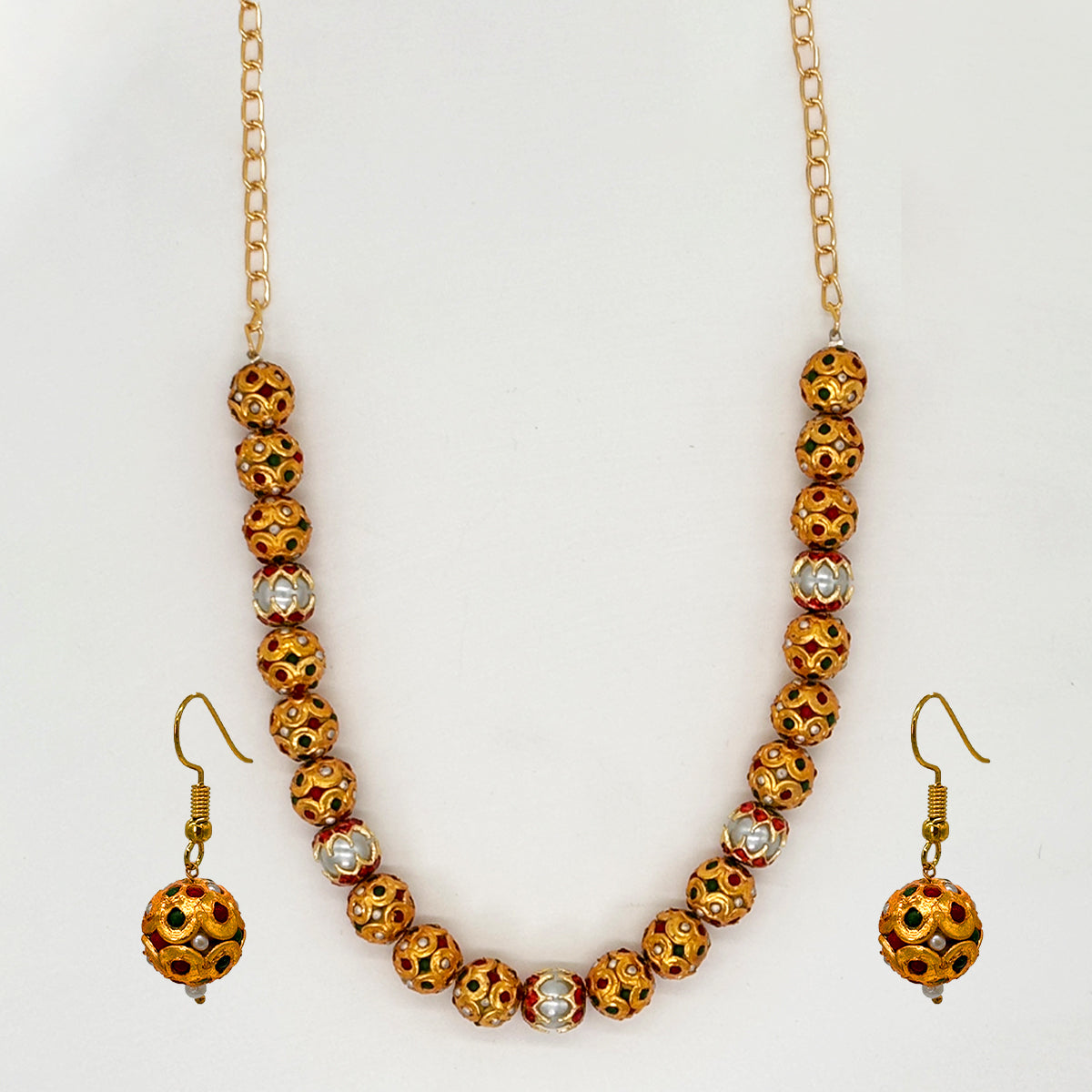 Traditional Gold Plated Beaded Necklace with Matching Earrings