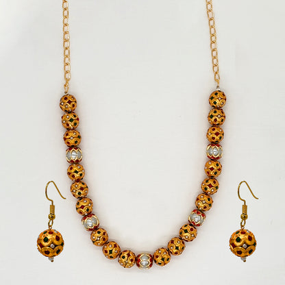 Traditional Gold Plated Beaded Necklace with Matching Earrings