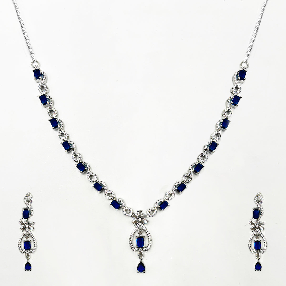 Elegant Silver-Tone Zircon and Sapphire Blue Drop Necklace and Earring Set