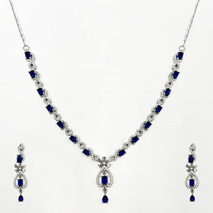 Elegant Silver-Tone Zircon and Sapphire Blue Drop Necklace and Earring Set