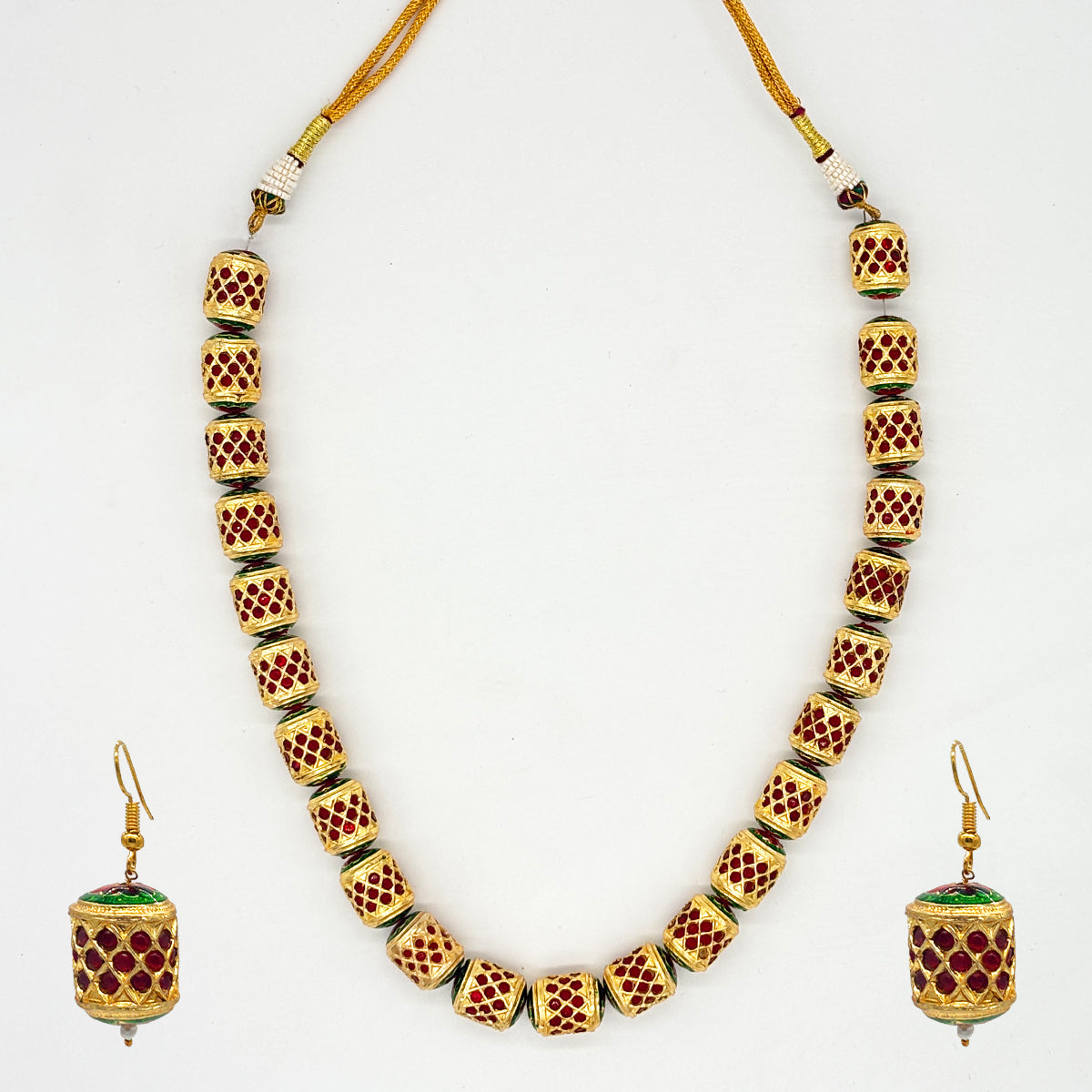 Traditional Gold-Tone Meenakari Work Beaded Necklace Set with Maroon and Green Enamel