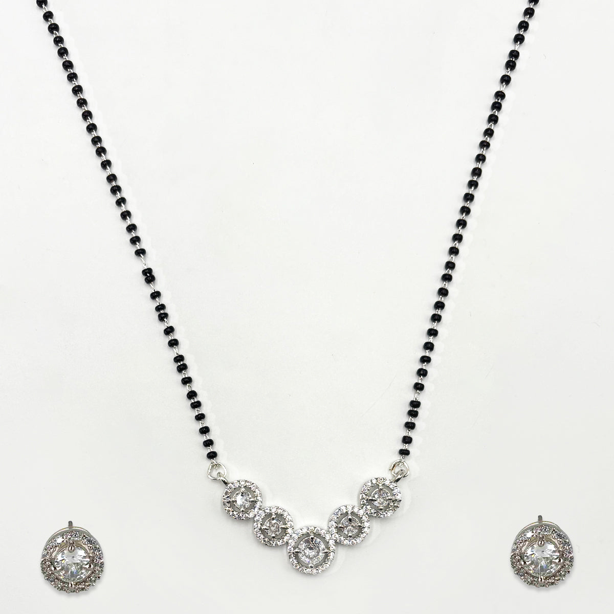 Complete American Diamond Mangalsutra Set with Earrings and Adjustable Halo Finger Ring