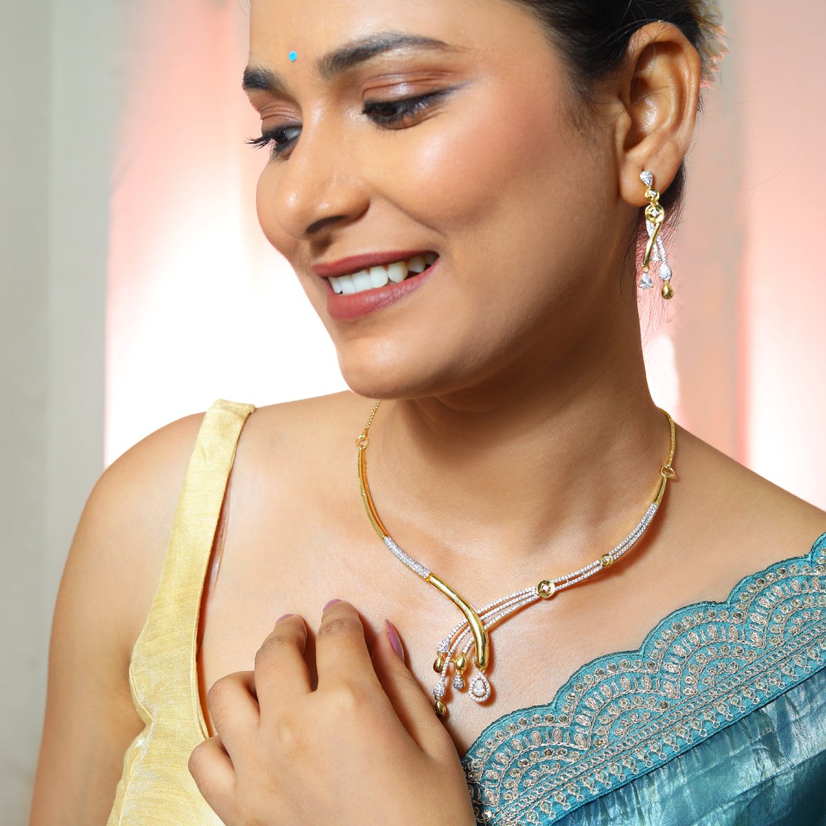 Golden Radiance Diamond Necklace & Earrings Set