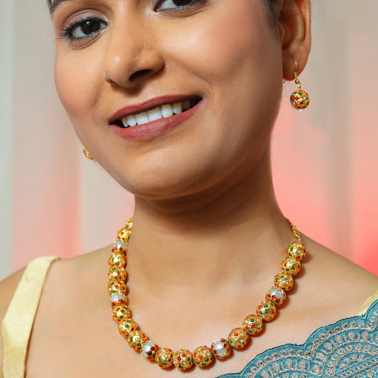 Traditional Gold Plated Beaded Necklace with Matching Earrings