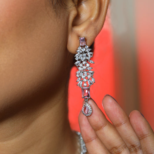 Elegant Silver-Plated Pink Stone Necklace & Earring Set