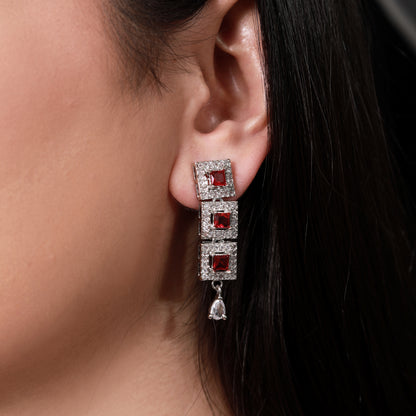 Classic Silver-Tone Square Cut Ruby Red Stone Collar Necklace and Earring Set