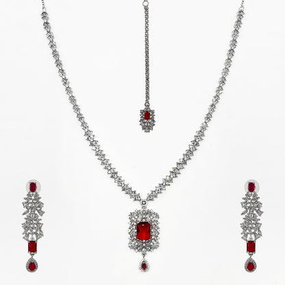 Royal Red Stone Silver-Plated Necklace, Earrings & Maang Tikka Set