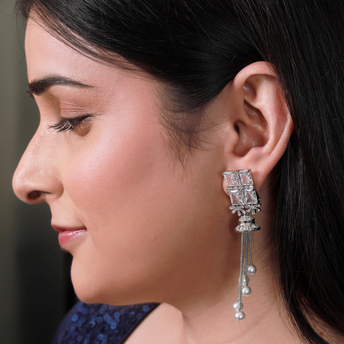 Luxurious Silver-Tone American Diamond Tassel Earrings with Square Zircon and Pearl Drops