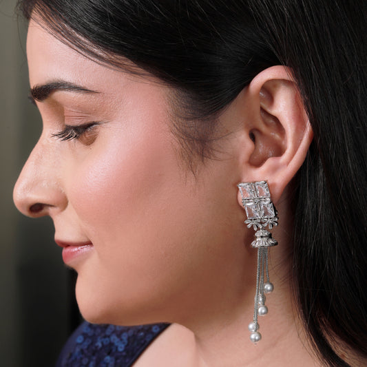 Luxurious Silver-Tone American Diamond Tassel Earrings with Square Zircon and Pearl Drops