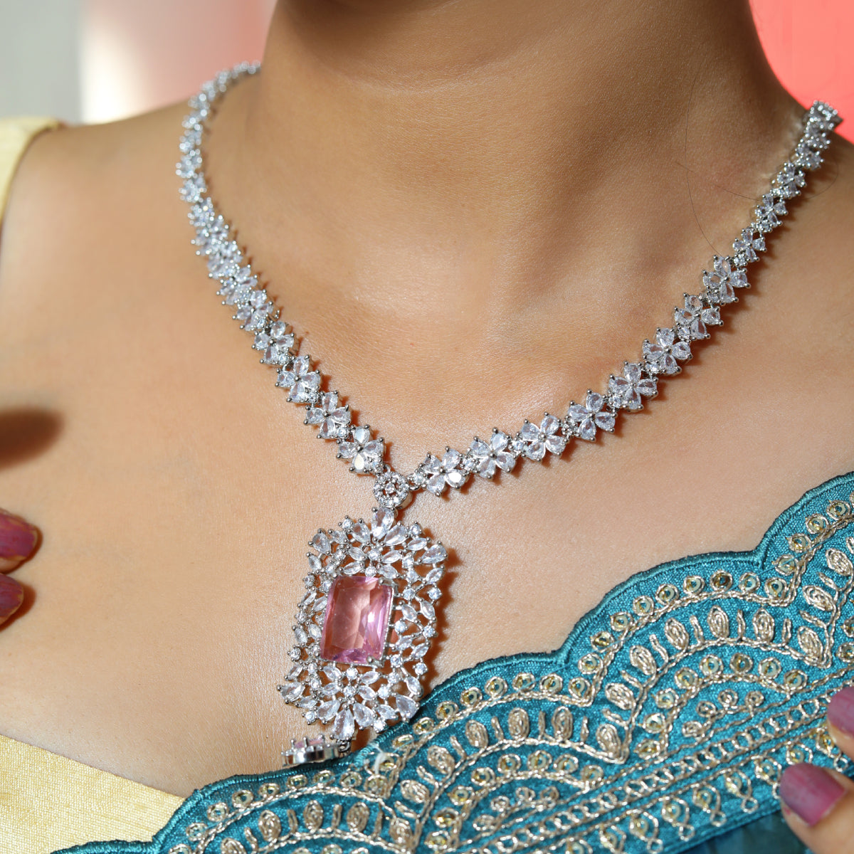 Elegant Silver-Plated Pink Stone Necklace & Earring Set