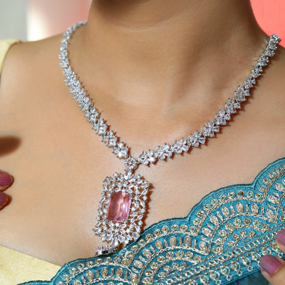 Elegant Silver-Plated Pink Stone Necklace & Earring Set