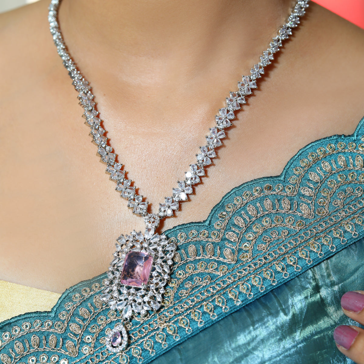 Elegant Silver-Plated Pink Stone Necklace & Earring Set