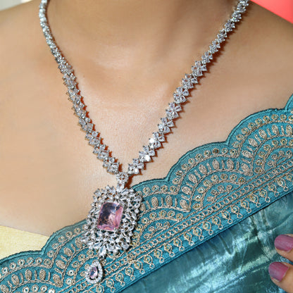 Elegant Silver-Plated Pink Stone Necklace & Earring Set