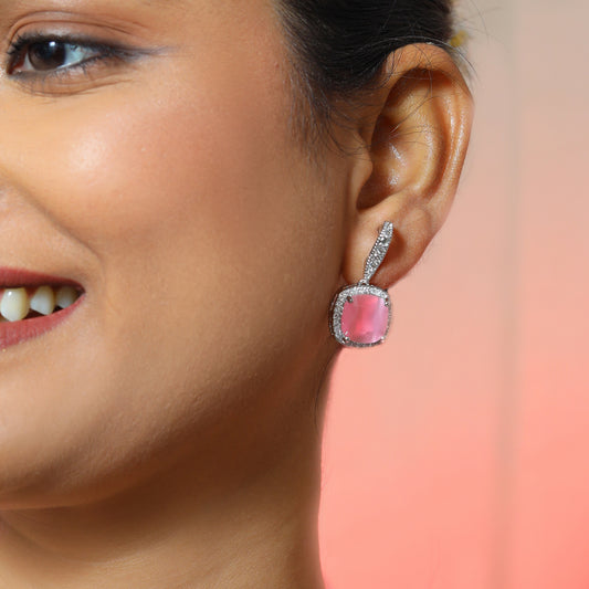 Glamorous Silver-Tone Hot Pink Cushion-Cut Drop Earrings with Zircon Halo Design