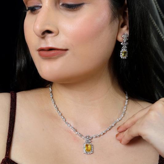 Silver-Plated Yellow Stone Pendant Necklace Set with Earrings