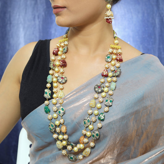 Luxurious Multi-Layered Meenakari Work Gold-Tone Beaded Necklace Set with Jhumka Earrings