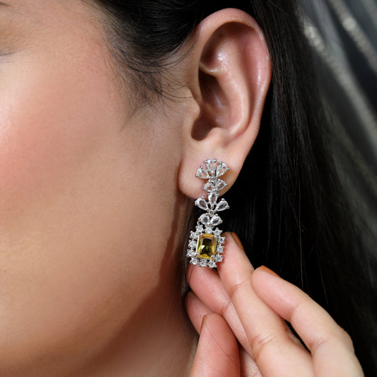 Silver-Plated Yellow Stone Pendant Necklace Set with Earrings