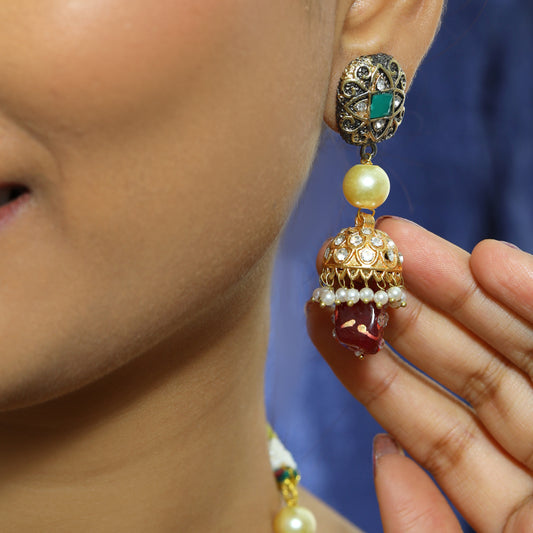 Luxurious Multi-Layered Meenakari Work Gold-Tone Beaded Necklace Set with Jhumka Earrings