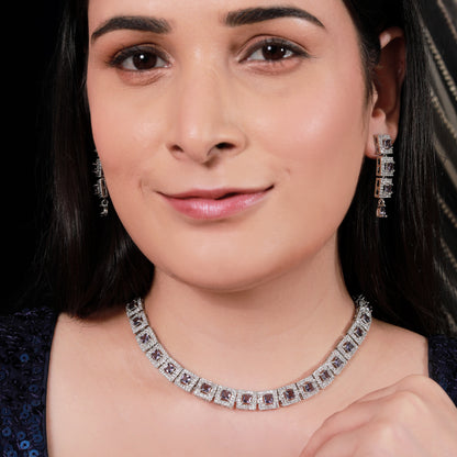 Exquisite Silver-Tone Zircon and Amethyst Purple Square Collar Necklace Set with Earrings