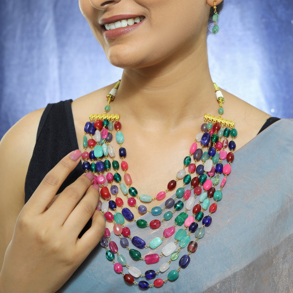 Multicolor Beaded Necklace and Earring Set with Emerald Drops