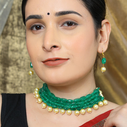 Green Bead & Pearl Choker Necklace Set with Earrings