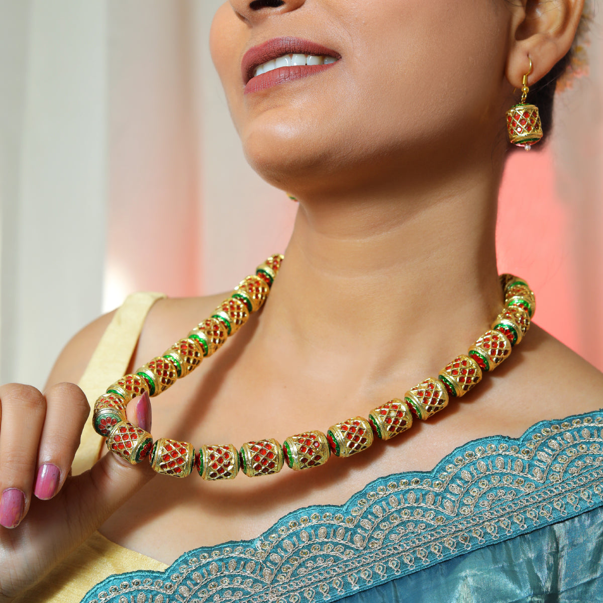 Traditional Gold-Tone Meenakari Work Beaded Necklace Set with Maroon and Green Enamel