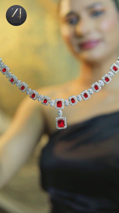 Regal Silver-Tone Square-Cut Ruby Red American Diamond Drop Necklace and Earring Set