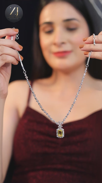 Silver-Plated Yellow Stone Pendant Necklace Set with Earrings