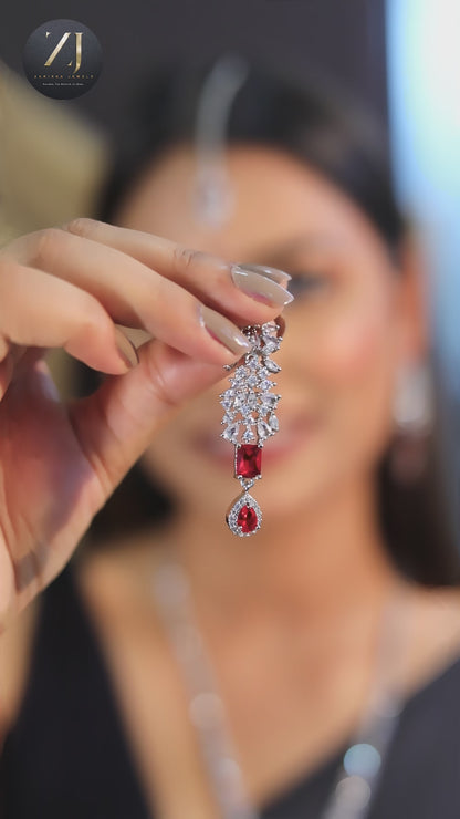 Royal Red Stone Silver-Plated Necklace, Earrings & Maang Tikka Set