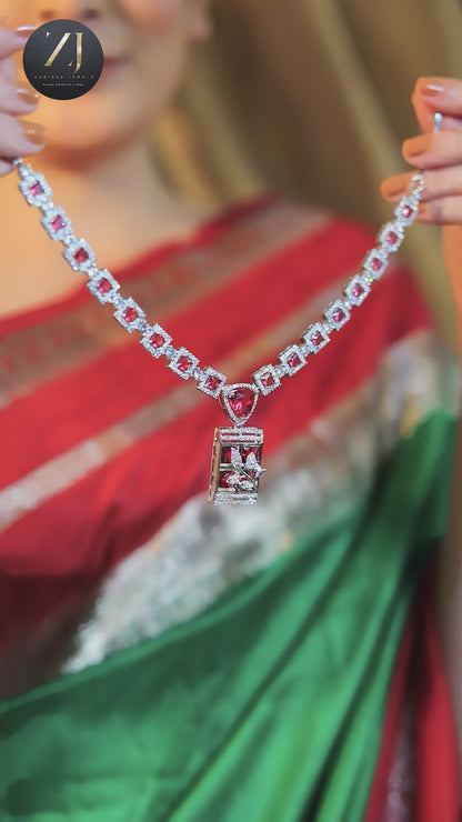 Regal Ruby Red American Diamond V-Necklace Set with Intricate Floral Rectangle Pendants