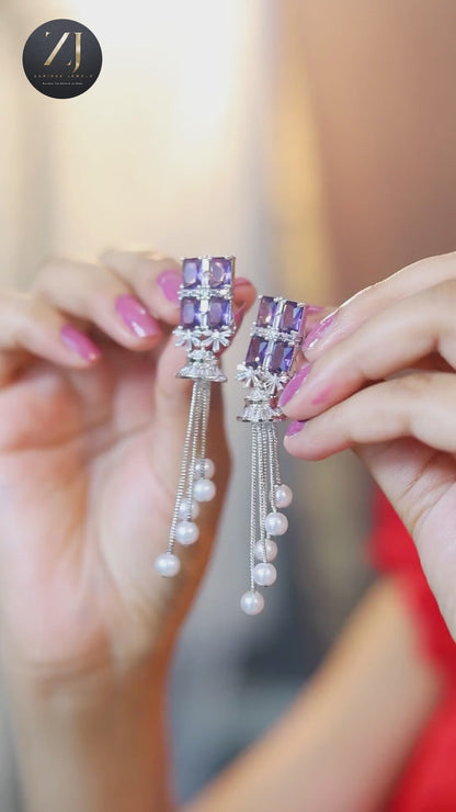 Royal Amethyst Purple Square Zircon Tassel Earrings with Elegant Dangling Pearl Drops