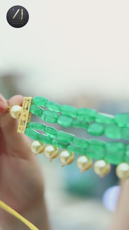 Green Bead & Pearl Choker Necklace Set with Earrings