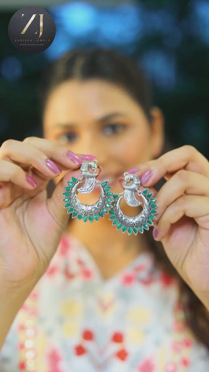 Traditional Oxidized Silver Peacock Design Jhumki Earrings with Vibrant Green Stones